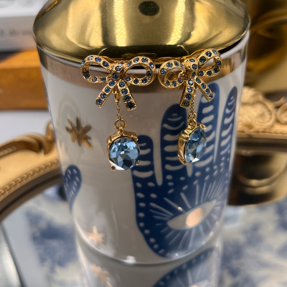 🆕 OSCAR DE LA RENTA 🧿 NWOT Blue Sparkle & Dangling Bow Earrings - Picture 12 of 16